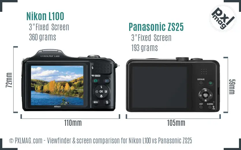 Nikon L100 vs Panasonic ZS25 Screen and Viewfinder comparison