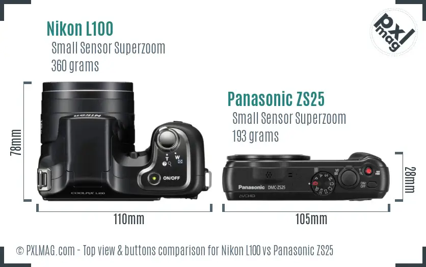 Nikon L100 vs Panasonic ZS25 top view buttons comparison