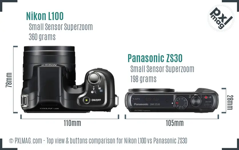 Nikon L100 vs Panasonic ZS30 top view buttons comparison