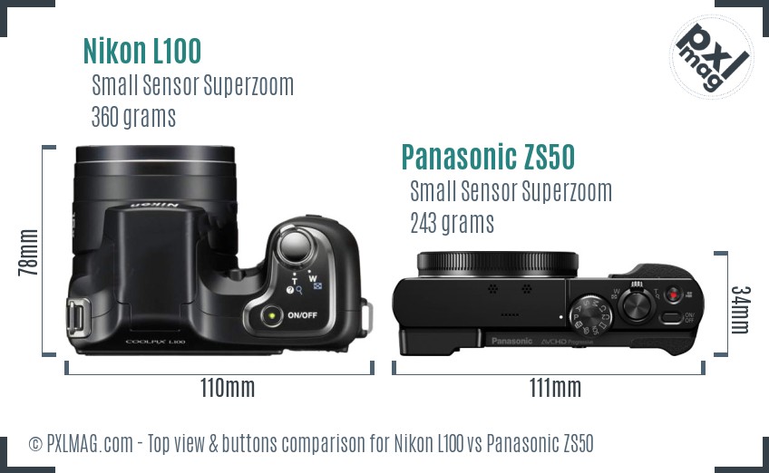 Nikon L100 vs Panasonic ZS50 top view buttons comparison