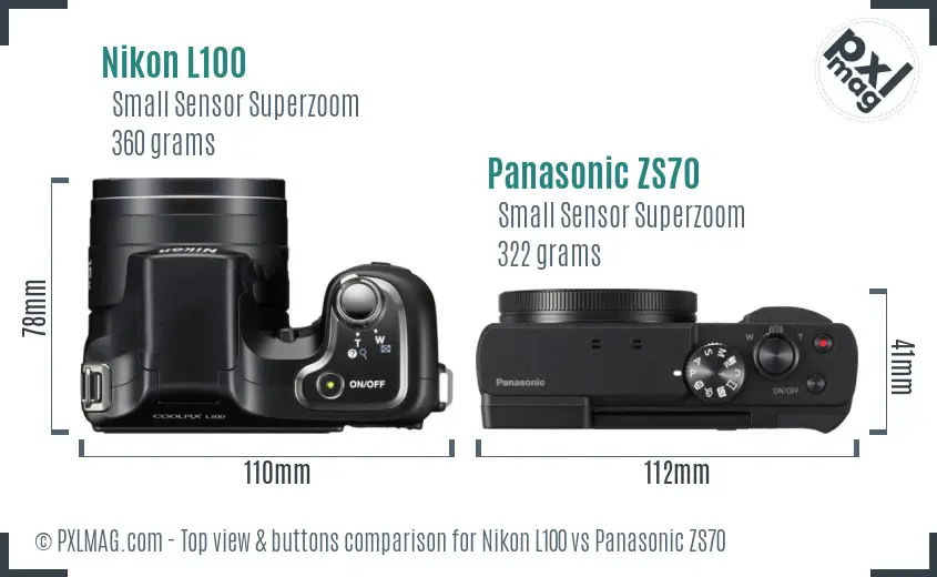 Nikon L100 vs Panasonic ZS70 top view buttons comparison