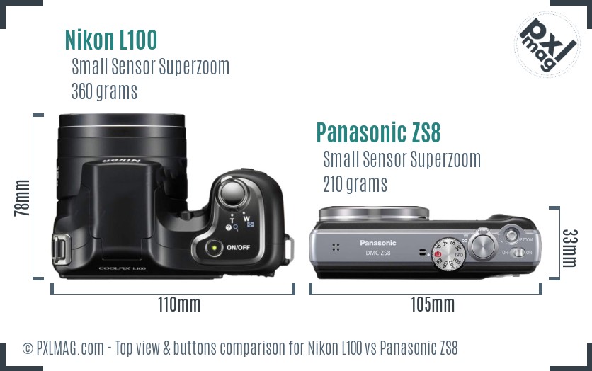 Nikon L100 vs Panasonic ZS8 top view buttons comparison