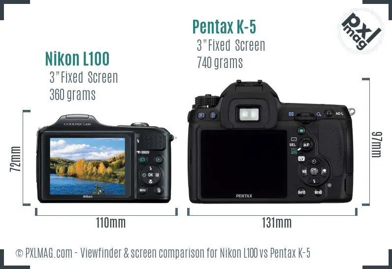 Nikon L100 vs Pentax K-5 Screen and Viewfinder comparison