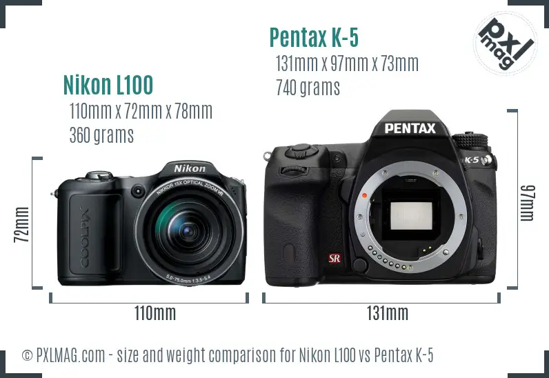 Nikon L100 vs Pentax K-5 size comparison