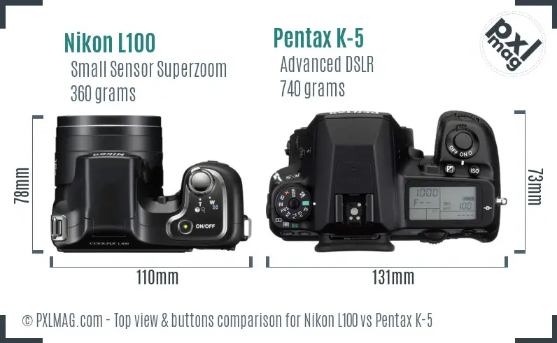 Nikon L100 vs Pentax K-5 top view buttons comparison