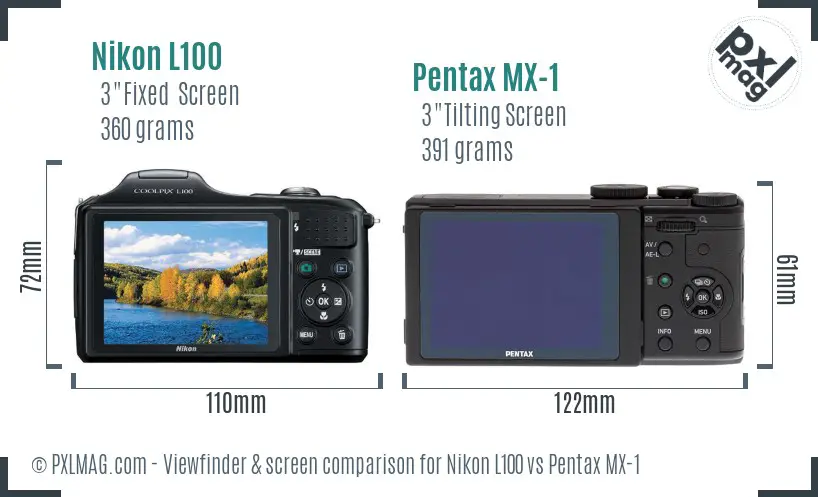Nikon L100 vs Pentax MX-1 Screen and Viewfinder comparison