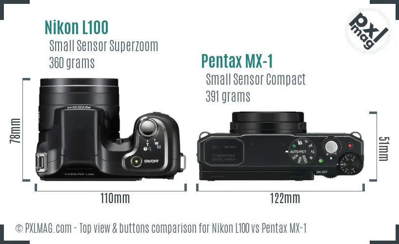 Nikon L100 vs Pentax MX-1 top view buttons comparison