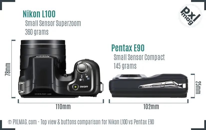 Nikon L100 vs Pentax E90 top view buttons comparison
