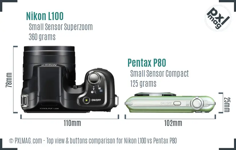 Nikon L100 vs Pentax P80 top view buttons comparison