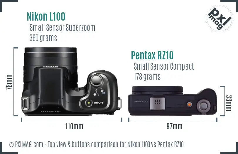 Nikon L100 vs Pentax RZ10 top view buttons comparison Nikon L100 vs Pentax RZ10 top view buttons comparison