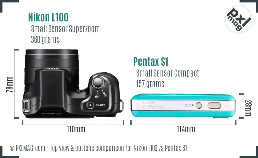 Nikon L100 vs Pentax S1 top view buttons comparison