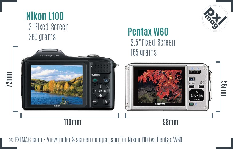 Nikon L100 vs Pentax W60 Screen and Viewfinder comparison