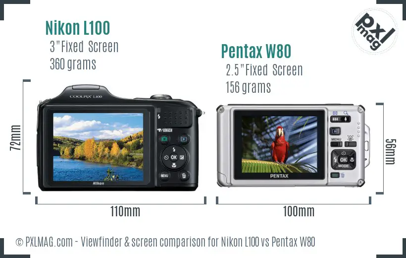 Nikon L100 vs Pentax W80 Screen and Viewfinder comparison