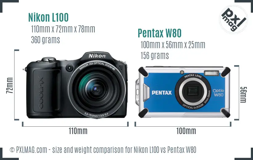 Nikon L100 vs Pentax W80 size comparison