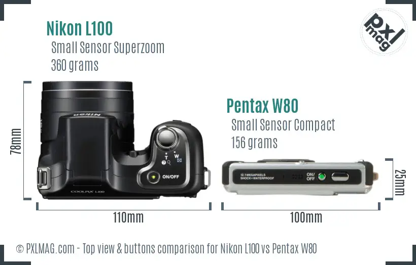 Nikon L100 vs Pentax W80 top view buttons comparison