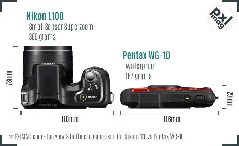 Nikon L100 vs Pentax WG-10 top view buttons comparison