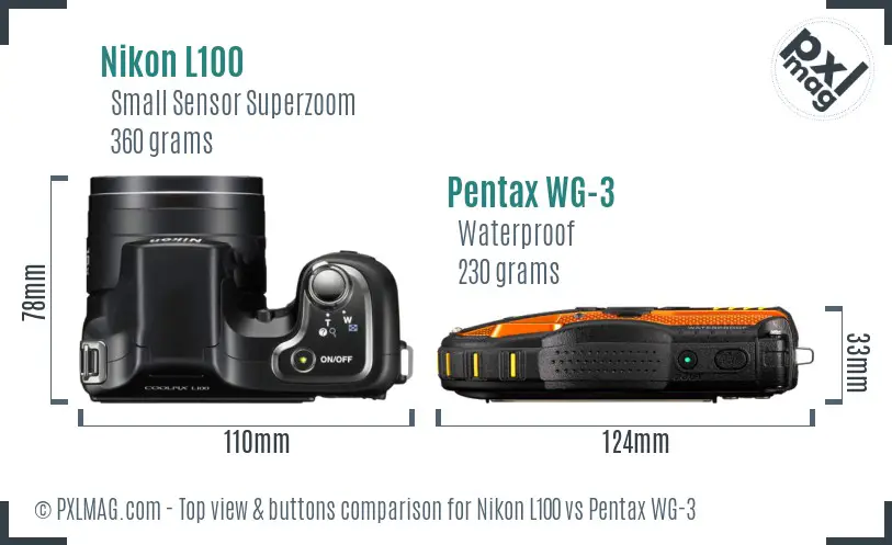 Nikon L100 vs Pentax WG-3 top view buttons comparison