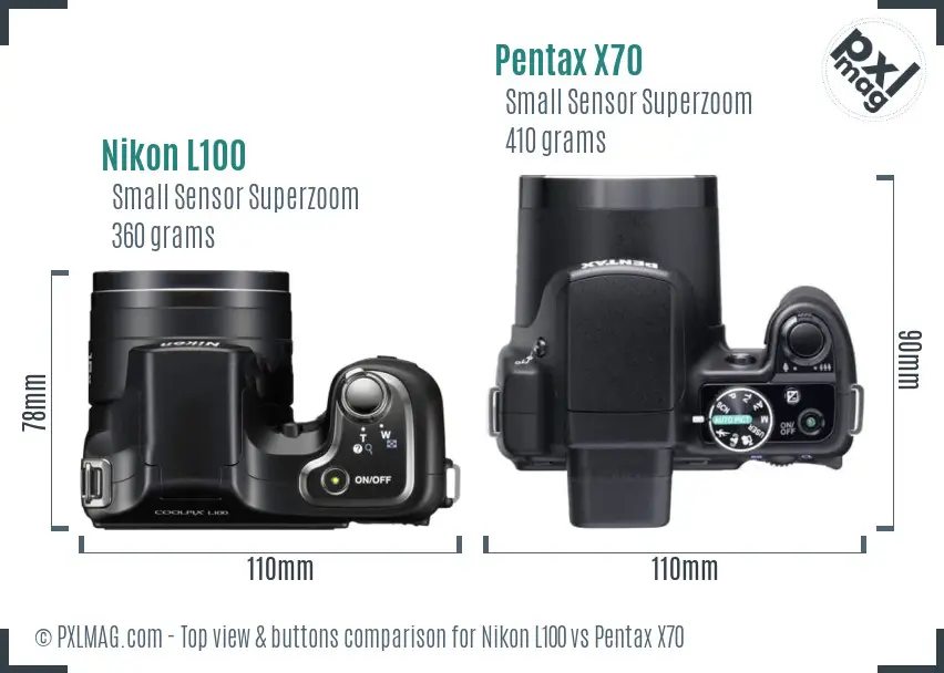 Nikon L100 vs Pentax X70 top view buttons comparison Nikon L100 vs Pentax X70 top view buttons comparison