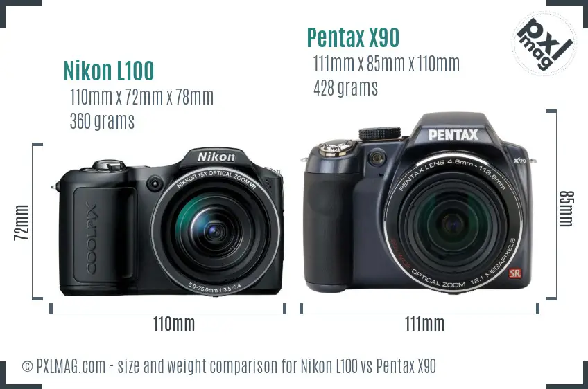 Nikon L100 vs Pentax X90 size comparison