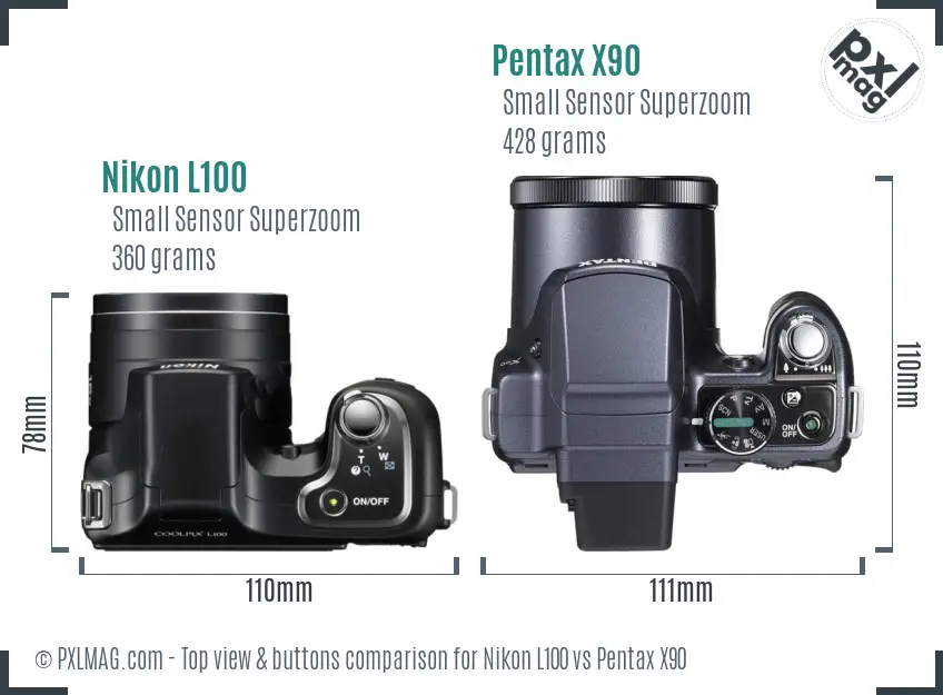 Nikon L100 vs Pentax X90 top view buttons comparison