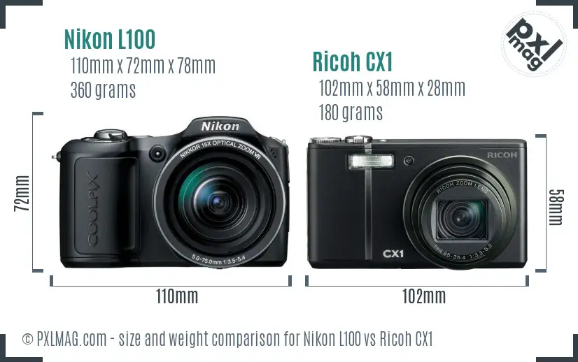 Nikon L100 vs Ricoh CX1 size comparison
