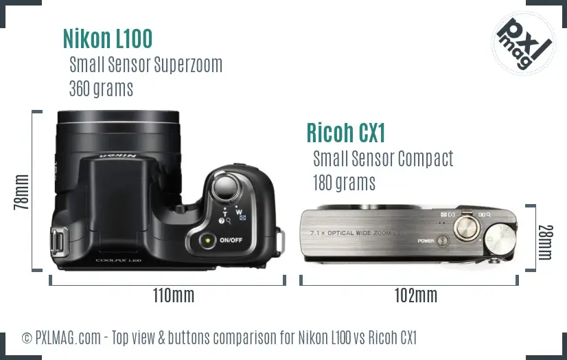 Nikon L100 vs Ricoh CX1 top view buttons comparison