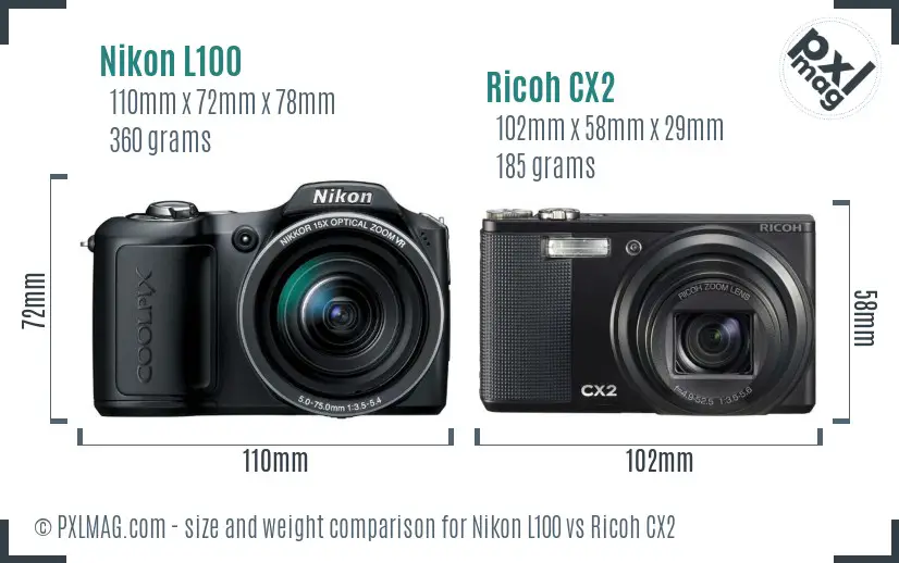 Nikon L100 vs Ricoh CX2 size comparison
