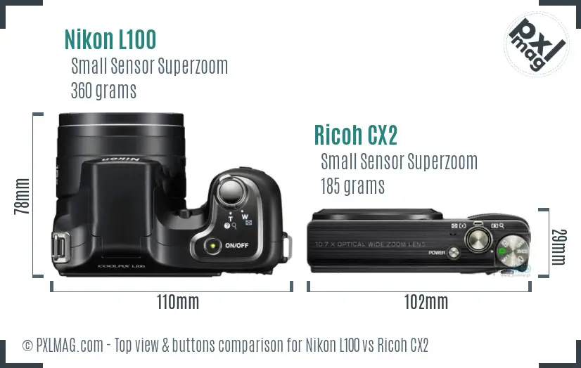 Nikon L100 vs Ricoh CX2 top view buttons comparison