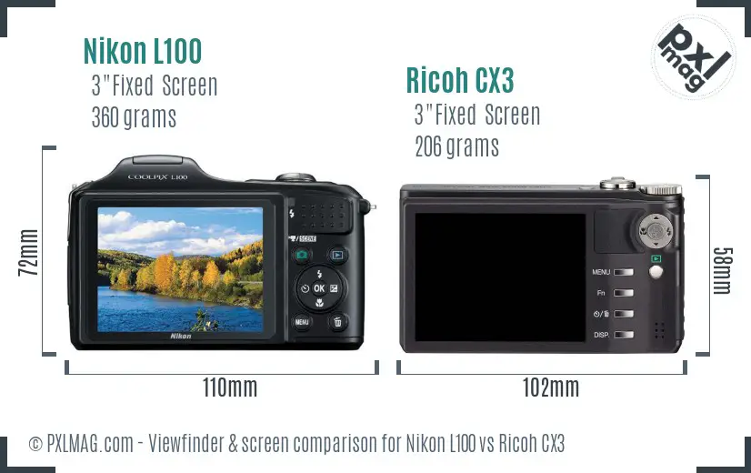 Nikon L100 vs Ricoh CX3 Screen and Viewfinder comparison