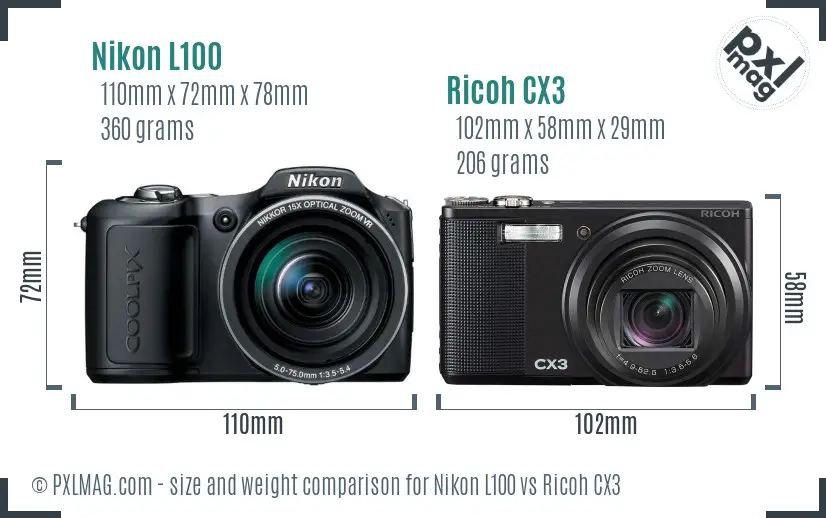 Nikon L100 vs Ricoh CX3 size comparison