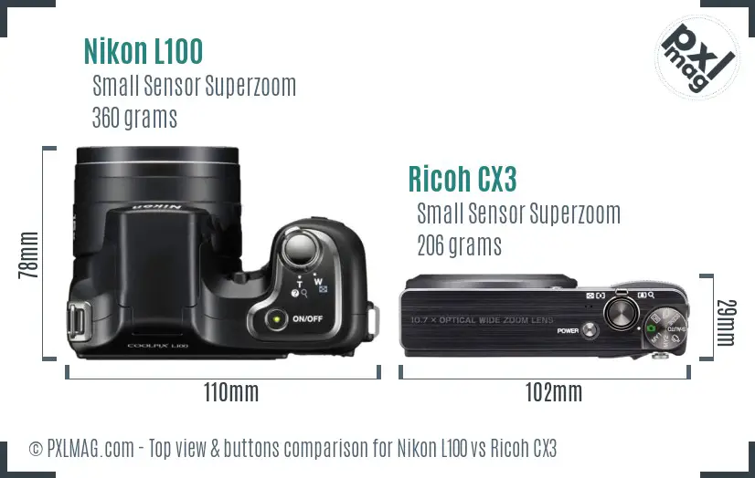 Nikon L100 vs Ricoh CX3 top view buttons comparison