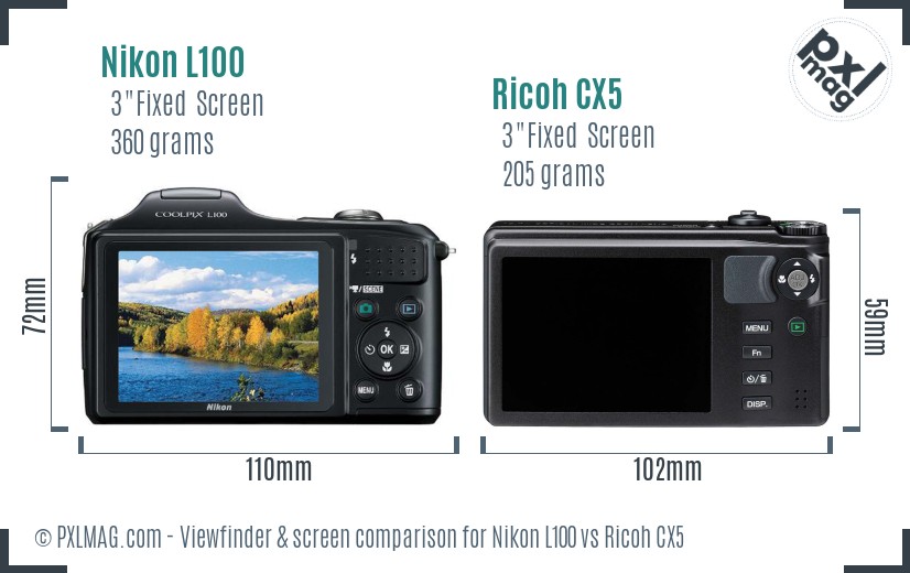 Nikon L100 vs Ricoh CX5 Screen and Viewfinder comparison