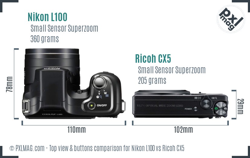 Nikon L100 vs Ricoh CX5 top view buttons comparison