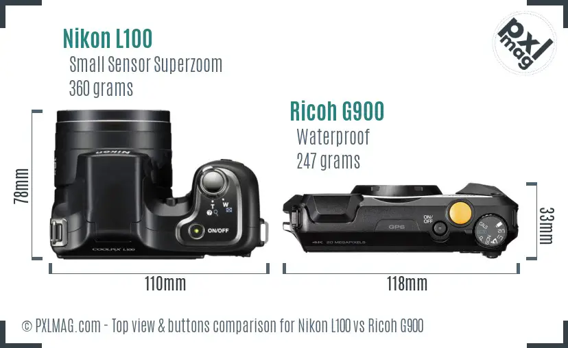 Nikon L100 vs Ricoh G900 top view buttons comparison