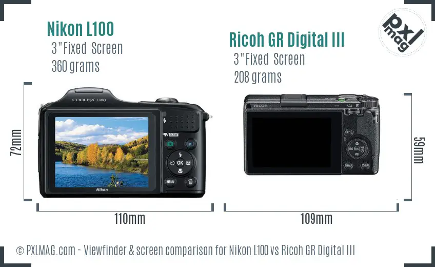 Nikon L100 vs Ricoh GR Digital III Screen and Viewfinder comparison