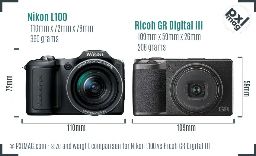 Nikon L100 vs Ricoh GR Digital III size comparison