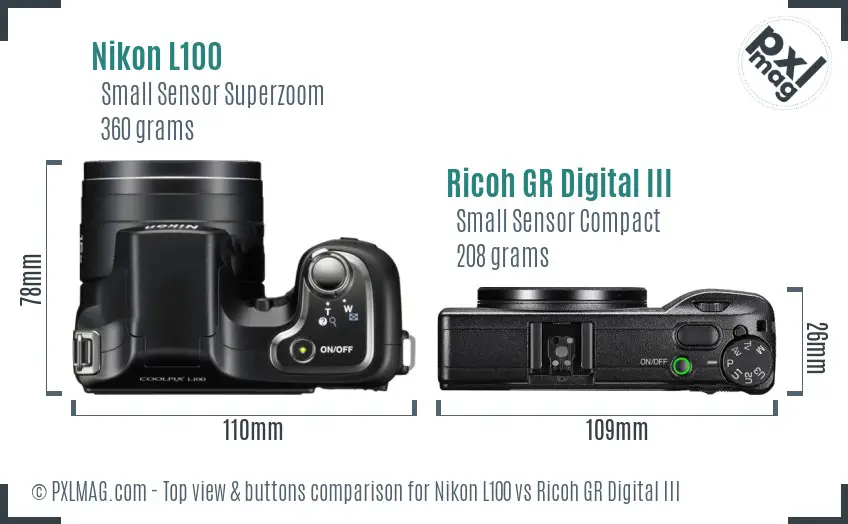 Nikon L100 vs Ricoh GR Digital III top view buttons comparison