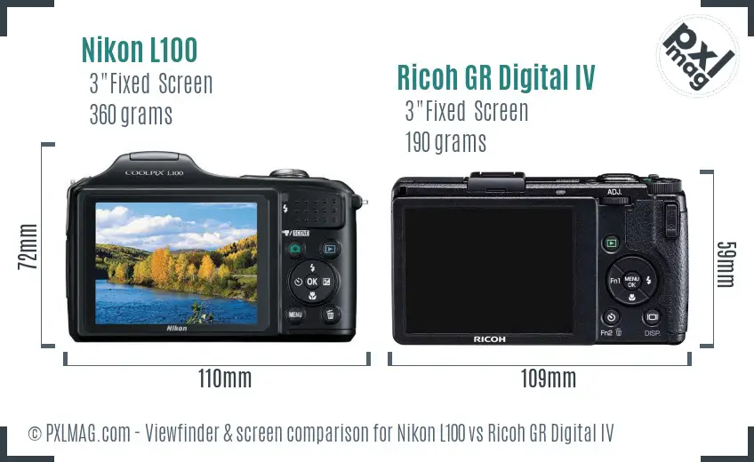 Nikon L100 vs Ricoh GR Digital IV Screen and Viewfinder comparison