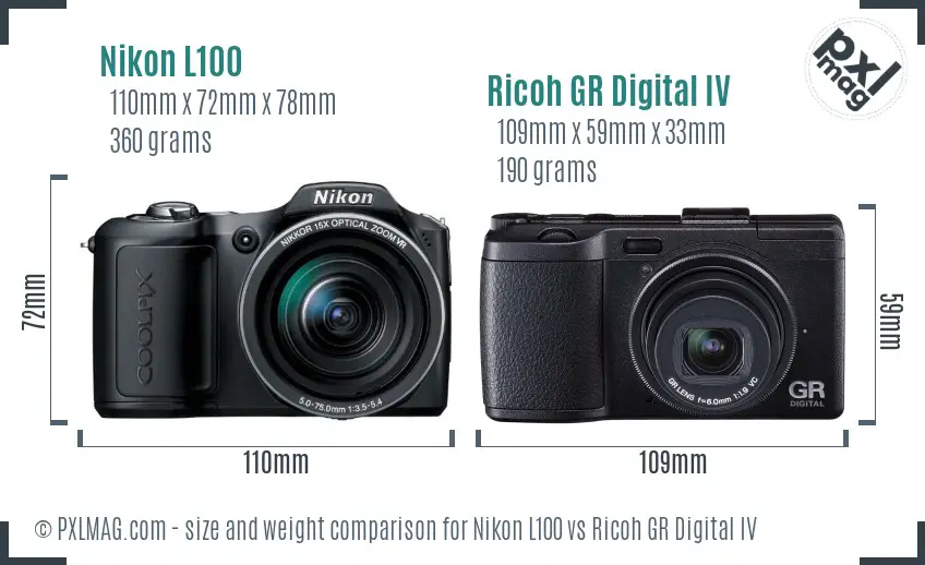 Nikon L100 vs Ricoh GR Digital IV size comparison