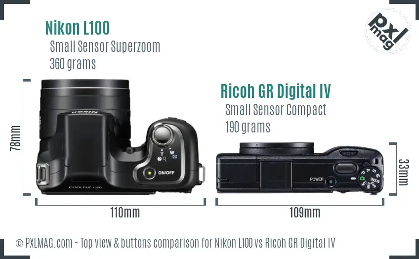 Nikon L100 vs Ricoh GR Digital IV top view buttons comparison