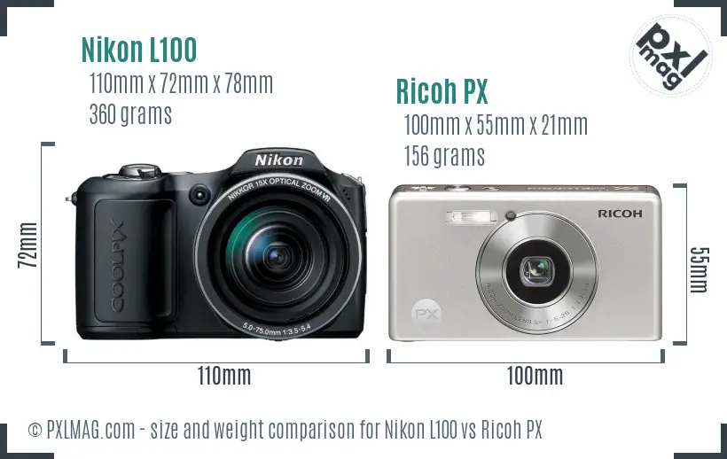 Nikon L100 vs Ricoh PX size comparison