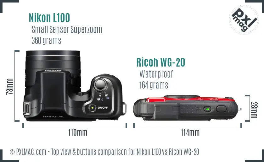 Nikon L100 vs Ricoh WG-20 top view buttons comparison Nikon L100 vs Ricoh WG-20 top view buttons comparison