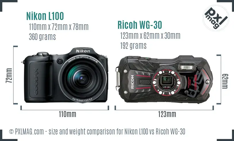 Nikon L100 vs Ricoh WG-30 size comparison
