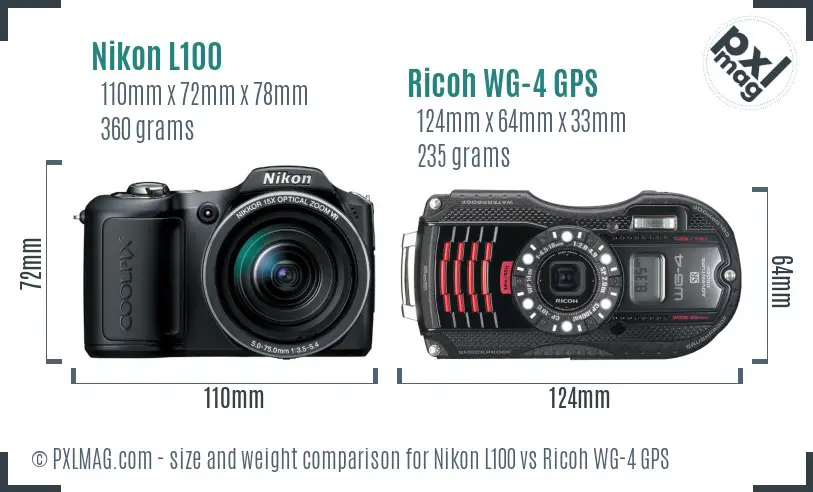 Nikon L100 vs Ricoh WG-4 GPS size comparison