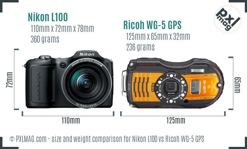 Nikon L100 vs Ricoh WG-5 GPS size comparison Nikon L100 vs Ricoh WG-5 GPS size comparison
