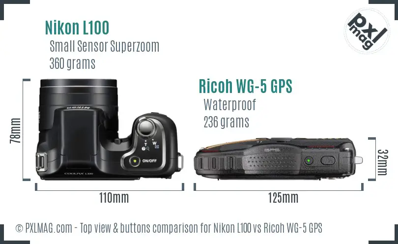 Nikon L100 vs Ricoh WG-5 GPS top view buttons comparison Nikon L100 vs Ricoh WG-5 GPS top view buttons comparison