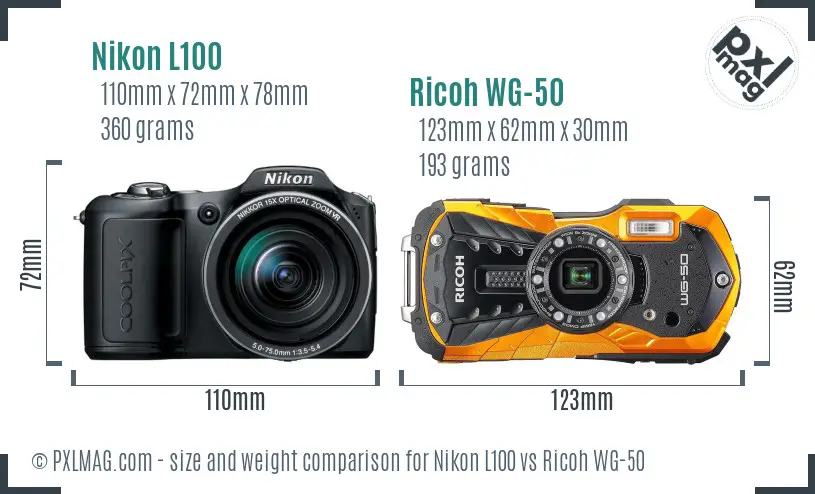 Nikon L100 vs Ricoh WG-50 size comparison