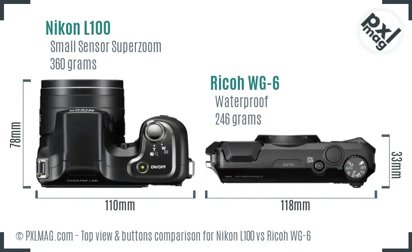Nikon L100 vs Ricoh WG-6 top view buttons comparison