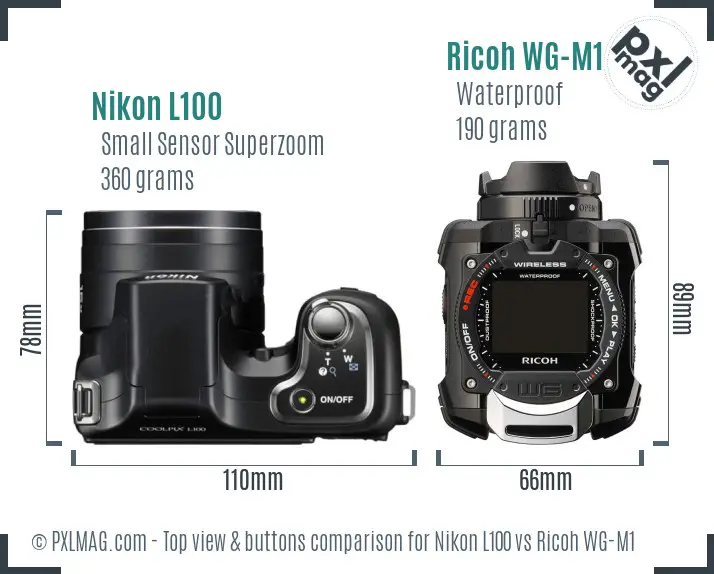 Nikon L100 vs Ricoh WG-M1 top view buttons comparison