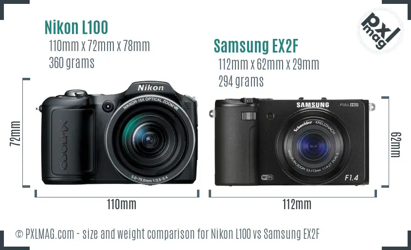 Nikon L100 vs Samsung EX2F size comparison